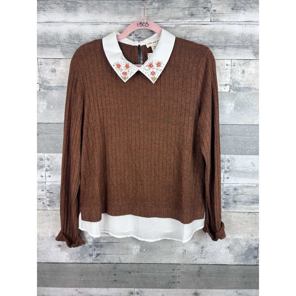 Faith And Joy Women's Large Gemmed Collared Long Sleeve Sweater